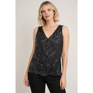 Ann‎ Katrine Vintage Beaded Sequin Silk Tank Top Black Iridescent V-Neck Medium